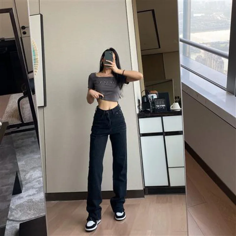 

2020 New Straight Leg Jeans Women High Waist Boyfriend Fit Baggy Jean Split Foot Cargo Pants Washed Loose Classic Long Trouser