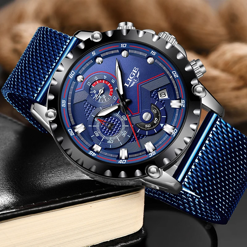 Часы наручные LIGE Мужские кварцевые брендовые Роскошные водонепроницаемые