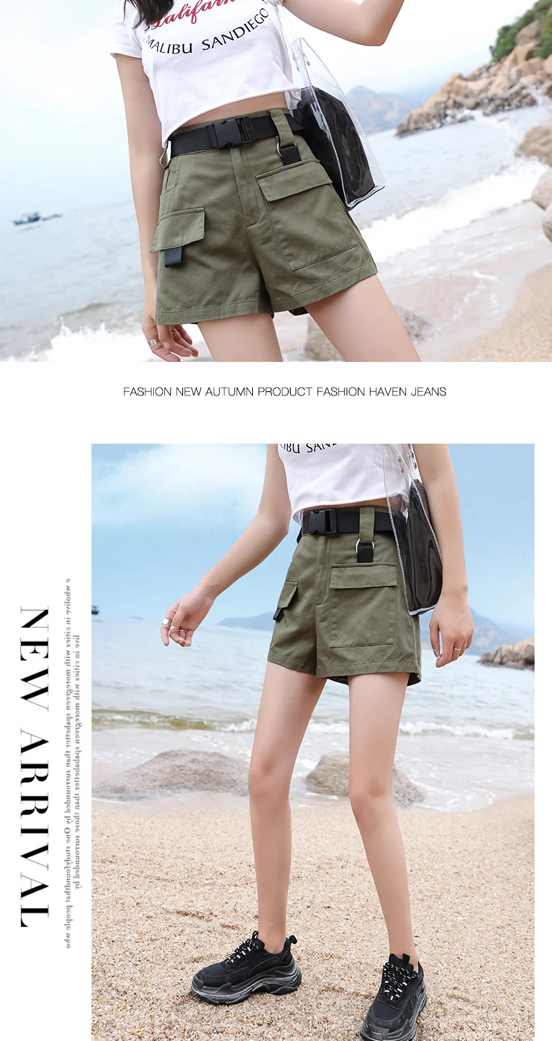 3XL Plus Size Women Summer Shorts With Belt Streetwear Cargo Shorts Feminino BF Style Army Green Short Femme AQ704