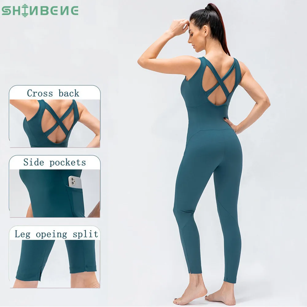 

SHINBENE Sexy V Neck Workout Sport Bodysuit Plain Nylon Jumpsuits with Pocket Plus Size Gym Yoga Sets Workout Clothes for Women