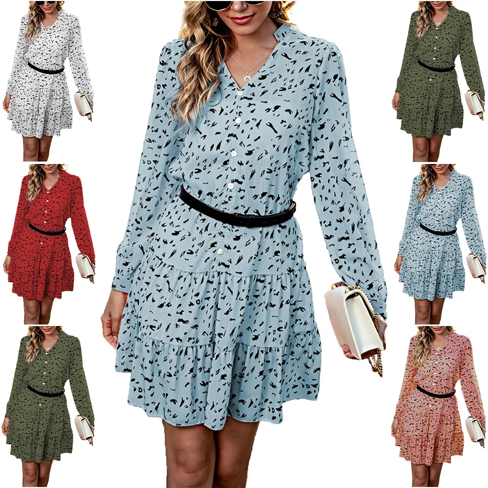 

Womens Casual Floral Printed Dress Long Sleeve Fashion Plus Szie Mini Dress Ladies Autumn V- Neck Half Button A-Line Dress