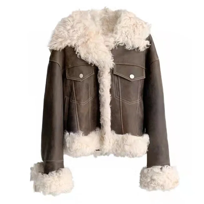 

Женская куртка из натуральной овечьей кожи, шуба из натурального овечьего меха, приталенная Шуба с двусторонним мехом, мотоциклетная куртк...