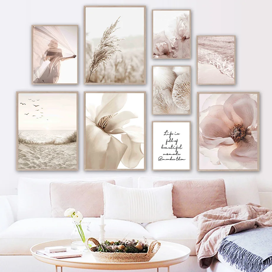 

Magnolia Flower Mushroom Reed Beach Girl Wall Art Canvas Painting Nordic Posters And Prints Wall Pictures For Living Room Decor