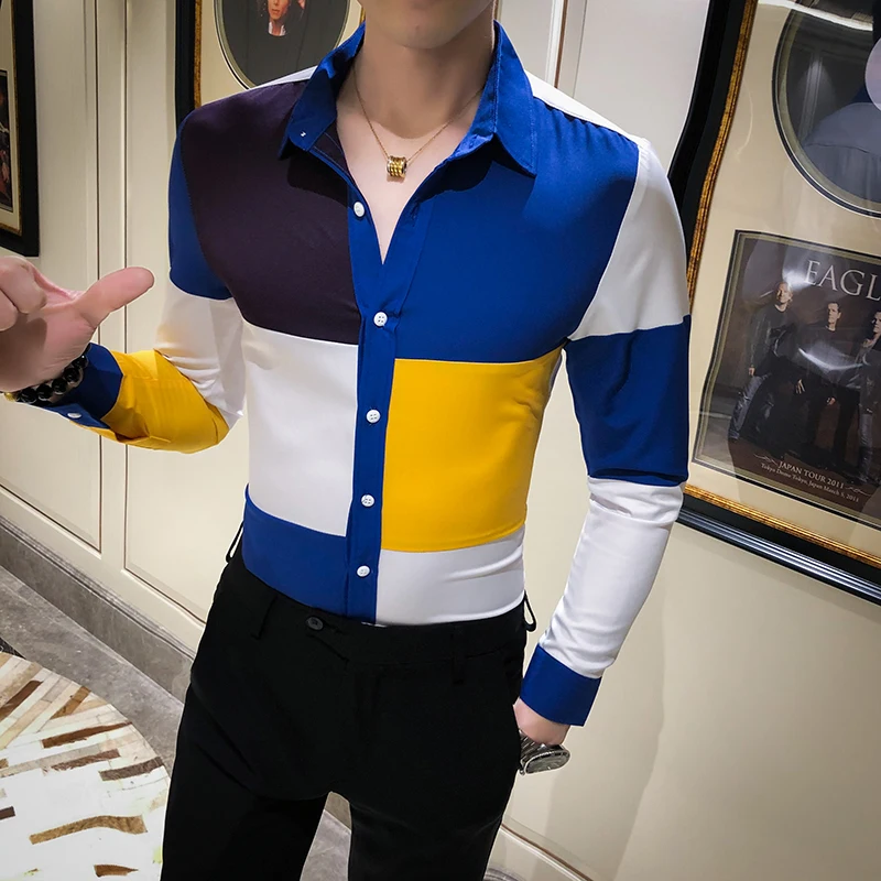 Горячая Распродажа цветная Мужская рубашка в стиле пэчворк весна 2020 приталенные