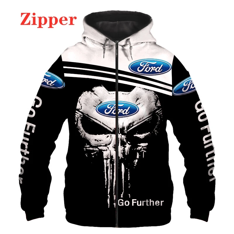 

2021 outono novo logotipo do carro ford e punisher hoodie para os homens 3d impressão digital esporte streetwear ao ar livre mot