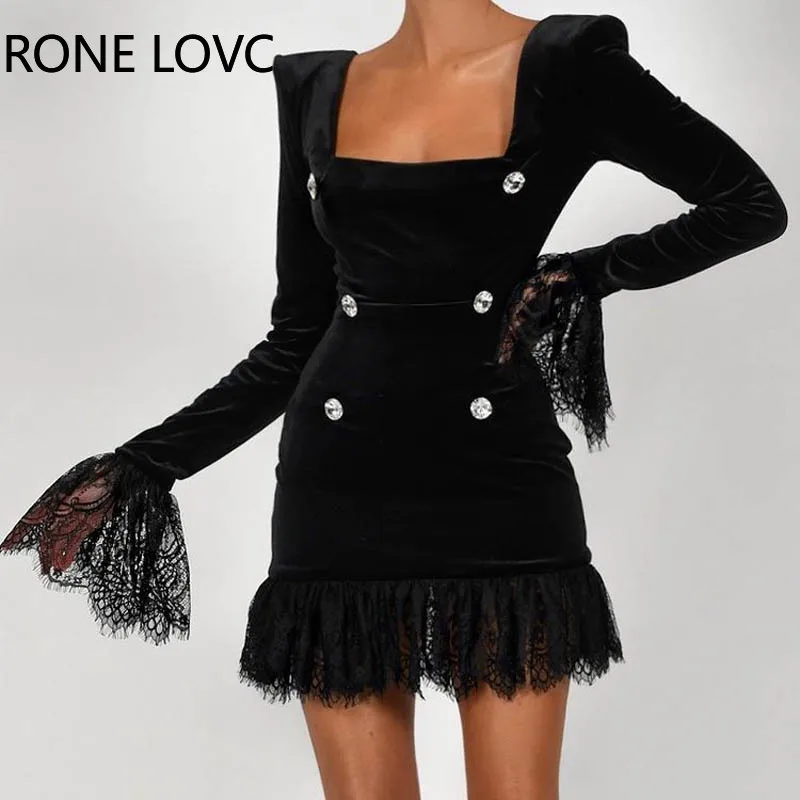 Women Solid Elegant Button Flannel Flare Sleeves Lace Hem Mini Working Black Blazer Dresses | Женская одежда