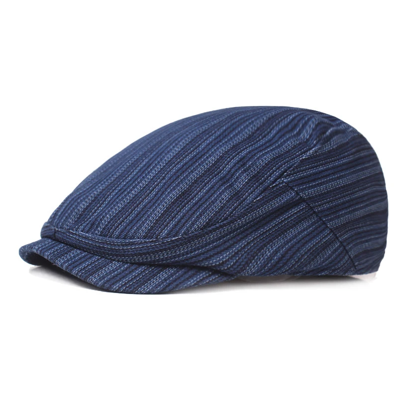 New Men's Summer Autumn Classic England Breathable Duckbill Hat Women Blue Berets Stripe Male Cotton Flat Cap Male BLM319