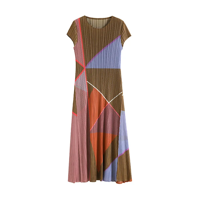 

TVVOVVIN O-neck Pleated Patchwork Printing Loose Short Sleeve Dress 2021 Summer Casual All-match A-line Dress IK67