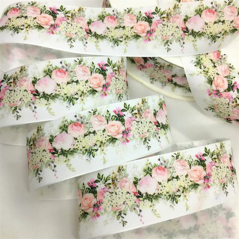 

5Y 3.8cm Satin Floral Ribbon for Handmade DIY Craft Bows Gift Flowers Packing Easter Cake Party Wedding Christmas Deco