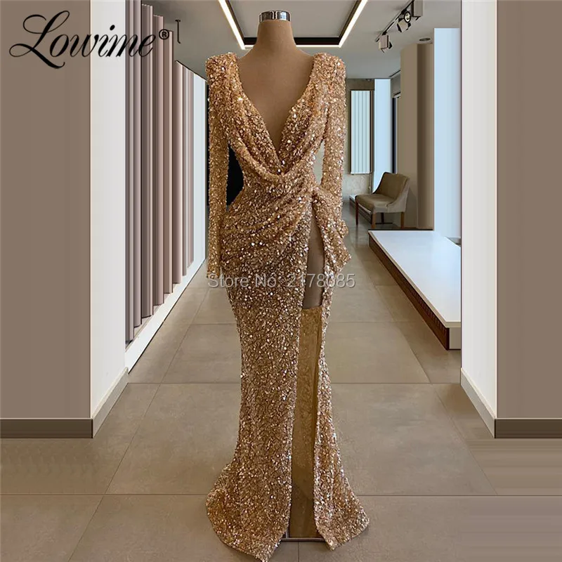 Вечерние платья цвета шампанского с блестками и V-образным вырезом модель 2020 года