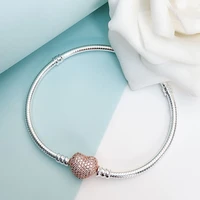 authentic 925 sterling silver pan bracelet rose gold heart shaped clasp with snake bone chain fit charm women jewelry