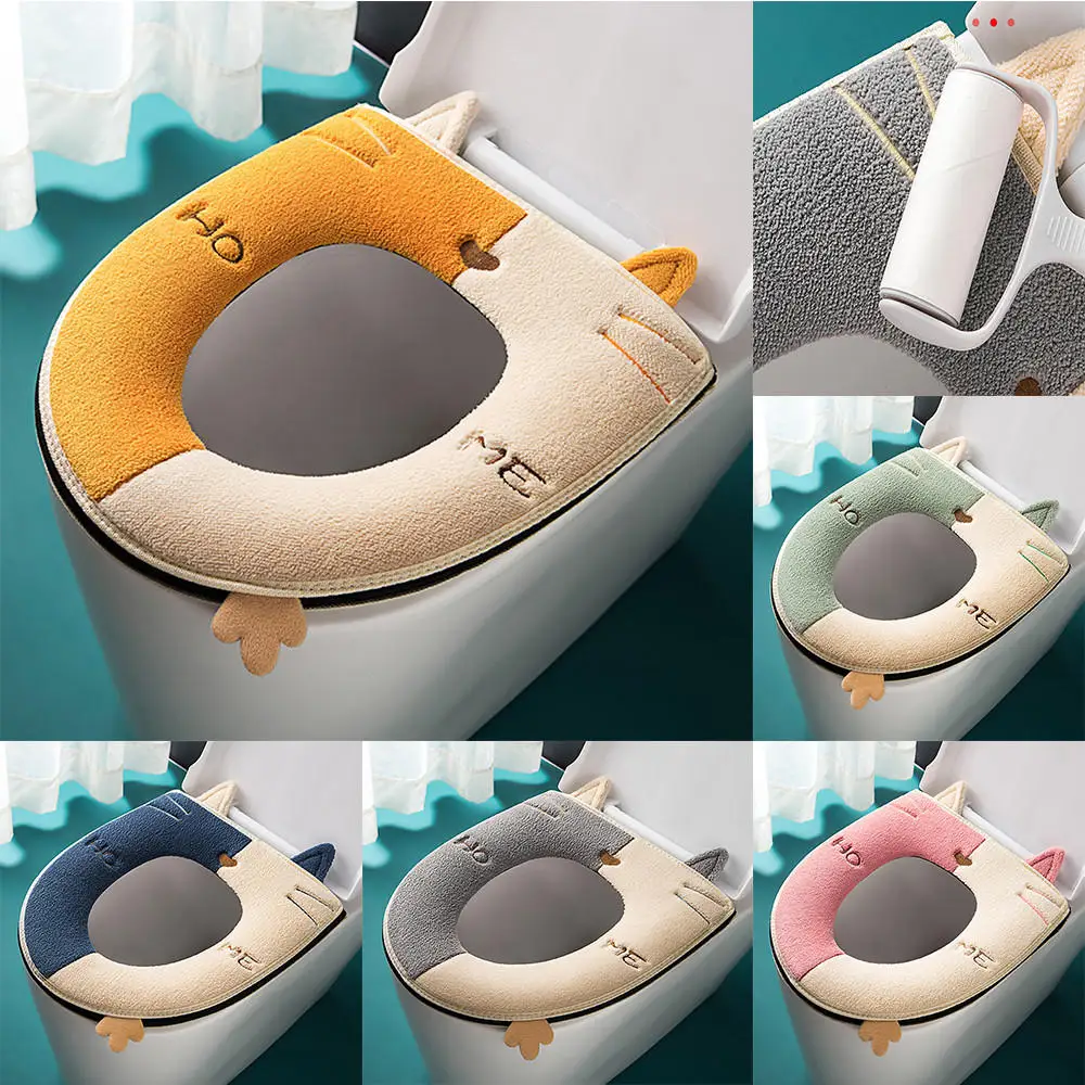 Winter Warm Toilet Seat Cover with Handle Universal Toilet Cushion Thicken Plush Toilet Seat Ring Mat Bathroom Aceesories
