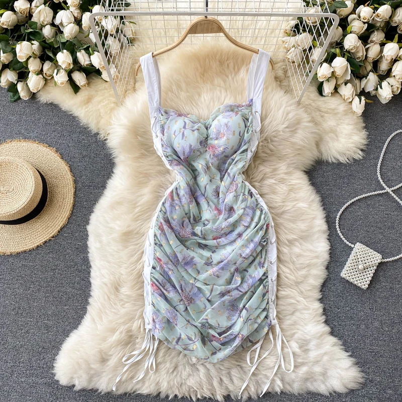 

Women's Dress 2022 Sleeveless Spaghetti Strap Lace-up Bandage Ruched Mini Dress Summer Floral Print Fashion Streetwear Outfits