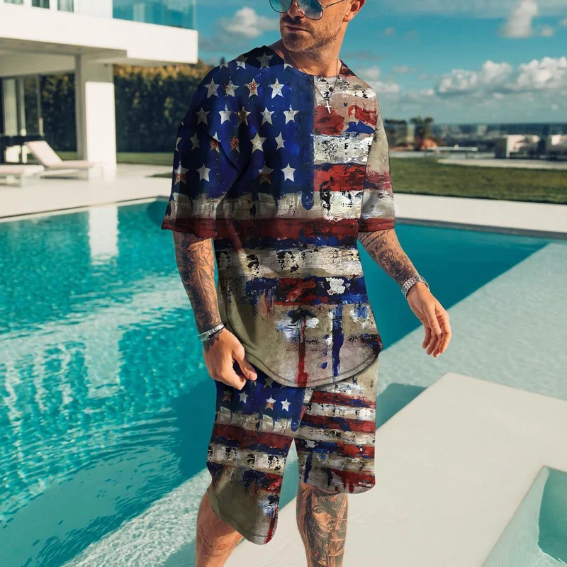 

New Men's Clothing Summer Men's Sets 3D National Flag Print Casual Men 2 Pieces Set Short Outfits T Shirt +Shorts Man Tracksuit