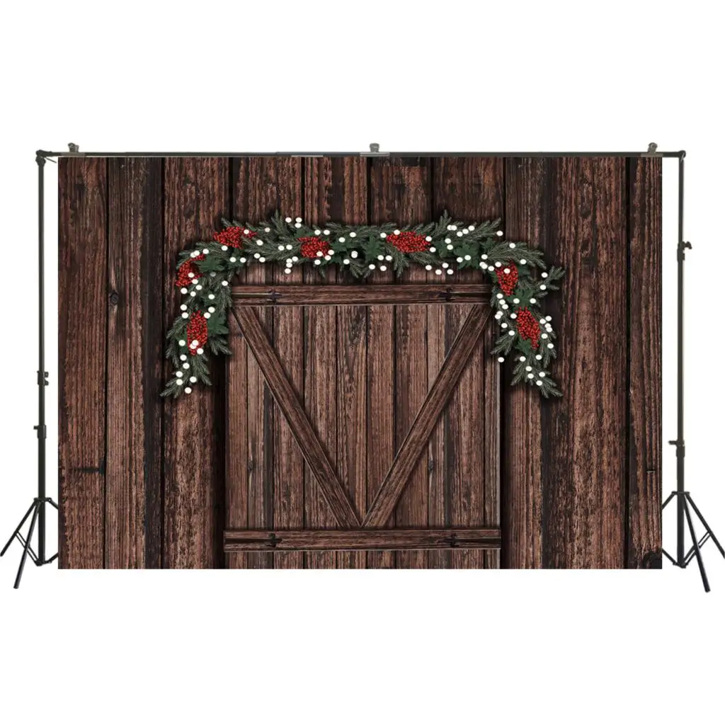 

Photography Backdrop Christmas Wreath Decoration Tree Retro Vintage Wooden Door Christmas Background for Photo Studio W-3397