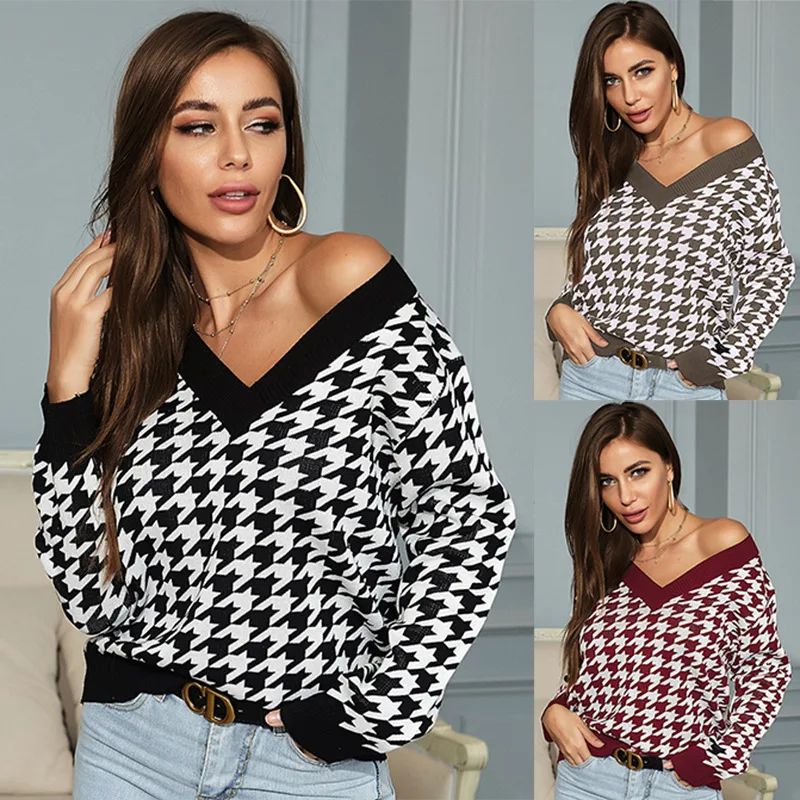 

Casual women's loose loose Pullover knitted 2021 spring and autumn long sleeve thousand bird lattice jacquard V-neck women's top