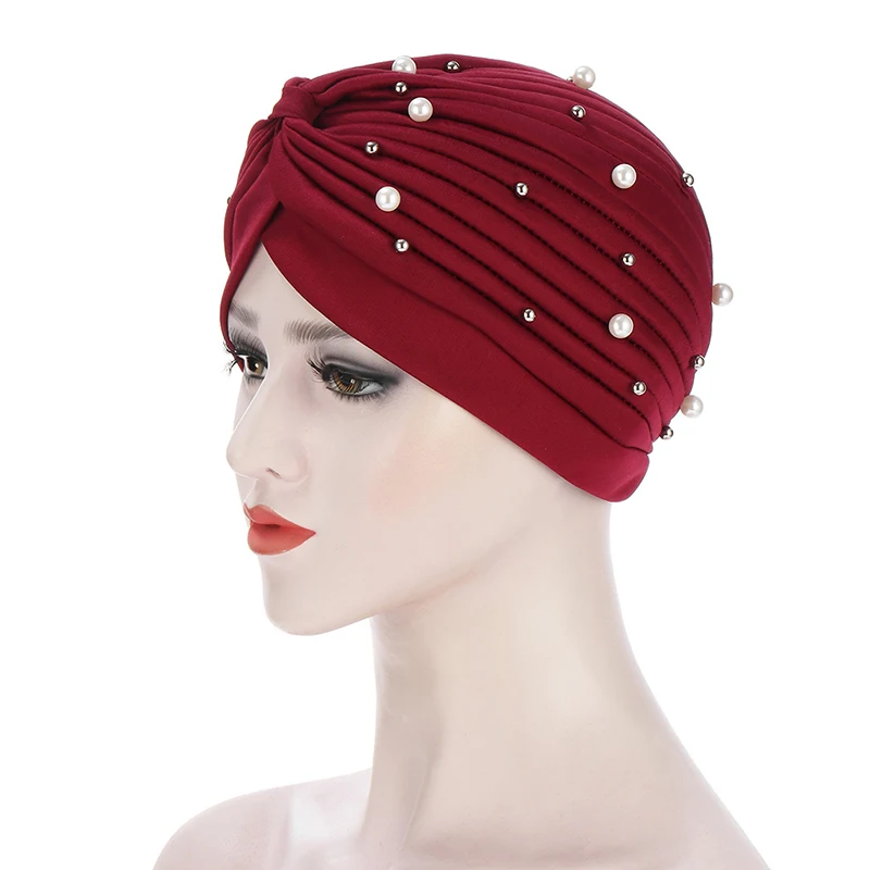 

Beaded Turban Hats Elastic Muslim Turban Hat Ladies Pleated Head Wrap Cap Women Solid Color Indian Hats Western Style Head Caps