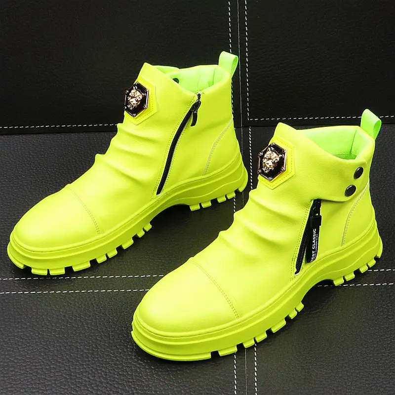 

Men Fashion Casual Ankle Boots Spring Autumn Punk Style Rivets Trend Shoes Male Leather High Top Hip Hop Sneakers white green