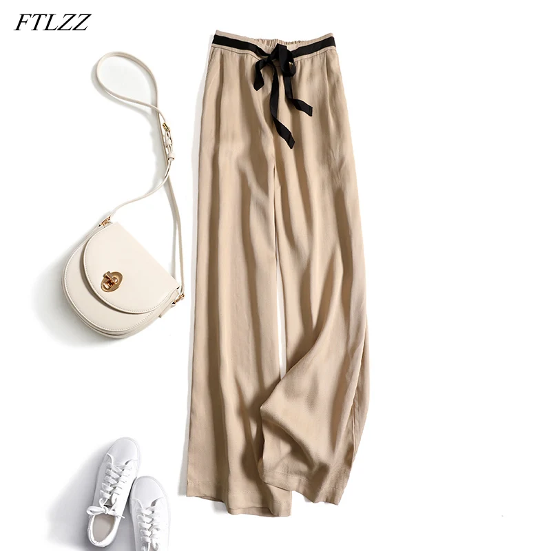 

FTLZZ Summer Women Fashion Wide Leg Pants Casual Loose High Wiast Pants Splicing Black Bandage Tencel Ventilation Straight Pants