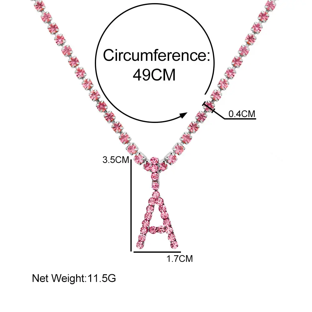 

Fashion New Pink Rhinestone Letter Name Pendant Necklaces For Women Silver Color Tennis Chain Choker Necklaces Party Jewelry