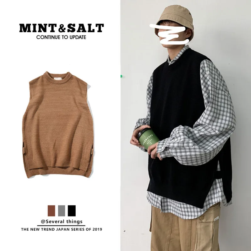 

Autumn Korean Sweater Vest Men's Warm Fashion Solid Color Casual Knitted Pullover Men Streetwear Loose Sweaters Vest Mens M-2XL