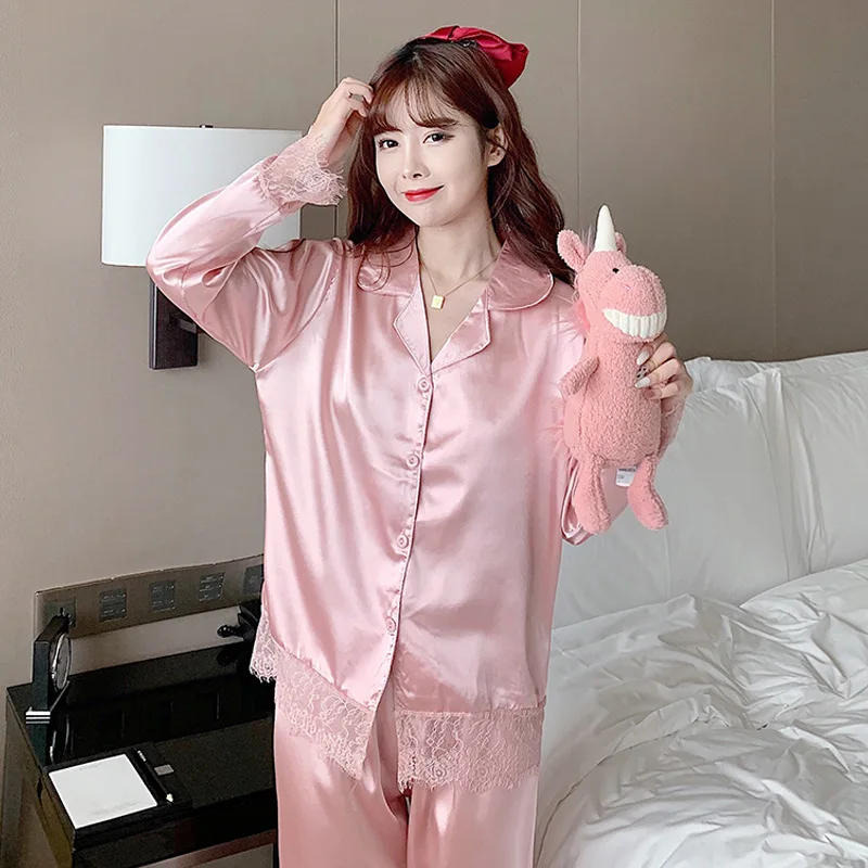 

Summer Silk Pajamas Women's Lace Side Long-sleeved Trousers Two-piece Princess Wind Ice Silk Home Service Ladies Sexy Pajamas