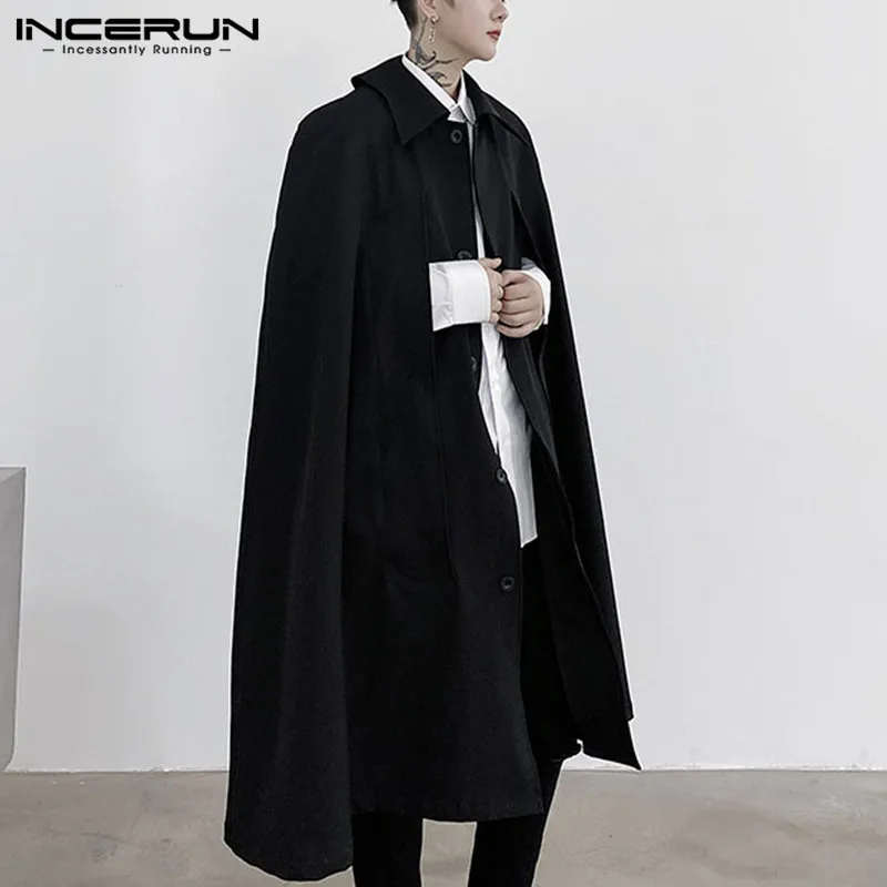 

Man Loose Pockets Long Outwear INCERUN Men Solid Color Turn Down Collar Capes Cloak Single Breasted Winter Poncho Streetwear 5XL