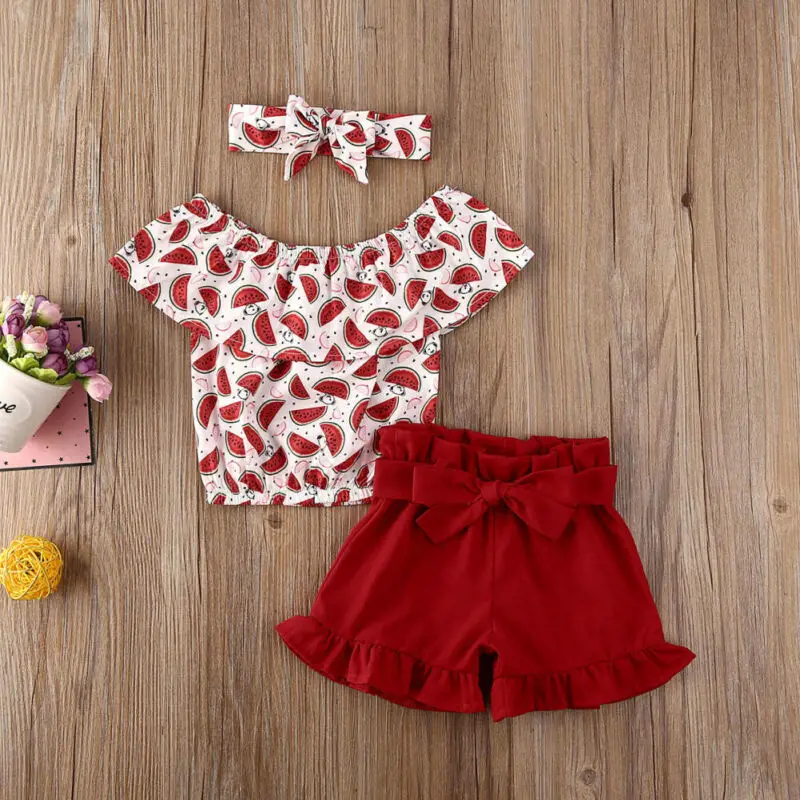 

6M-4Y Toddler Baby Kids Girl Clothes Sets Ruffles Sleeve Watermelon Print Crop Tops Shorts Pants Headband 3Pcs Kids Girl Clothes
