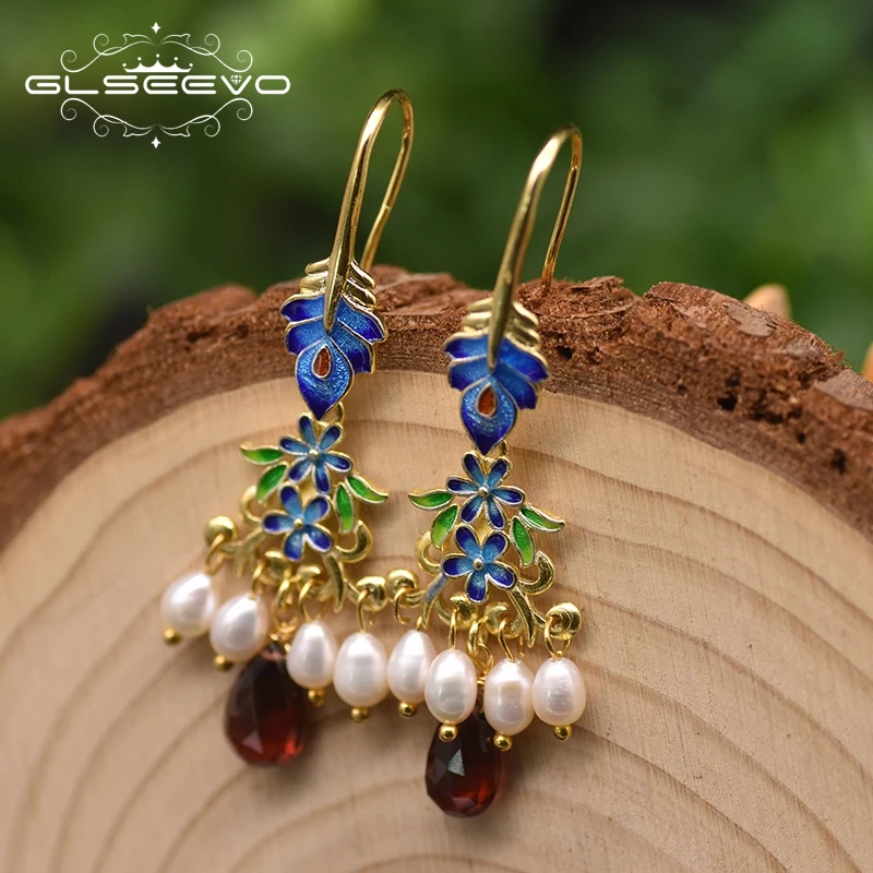 GLSEEVO Natural Pearl Garnet Cloisonne Plant Drop Earrings For Women Wedding Gift New Ethnic  Luxury Vintage Fine Jewelry GE0970