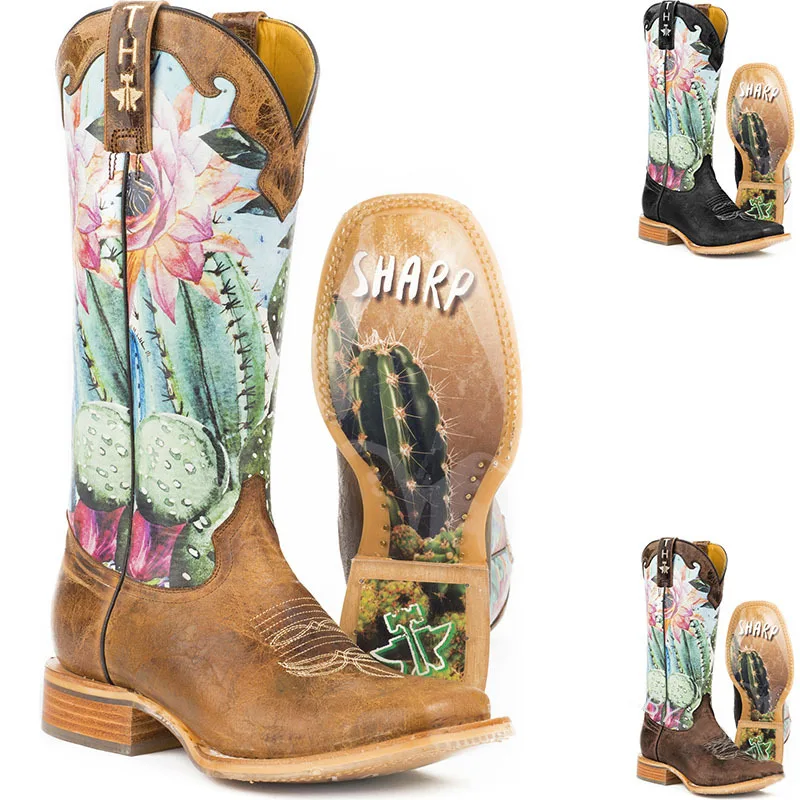 

Womens Pointed Toe PU Leather Embroidery Printed Floral Mid Calf Boots Chunky Heel Shoes Western Chelsea Cowboy New