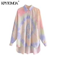 kpytomoa women 2021 fashion tie dye print loose asymmetry blouses vintage long sleeve button up female shirts chic tops