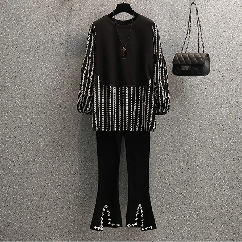 

Plus Size 4XL Women Office Ladies Suit Patchwork Shirt Top And High Waist irregular Pant Two Piece Set 2021 Fall Clothing Outfit
