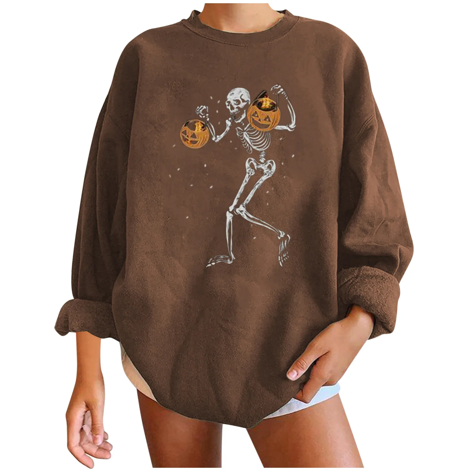 

Women Long Sleeve Skeleton Pumpkin Print Halloween Pullover Sweatshirt Top Shirt Solid Color Casual Daily All-match Girl T-shirt