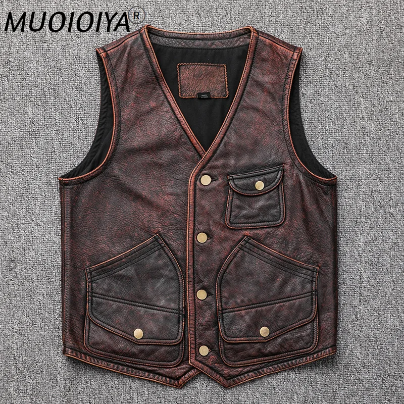 

2021 New Genuine leather vest men's short motorcycle vest top layer cowhide retro style distressed leather vest