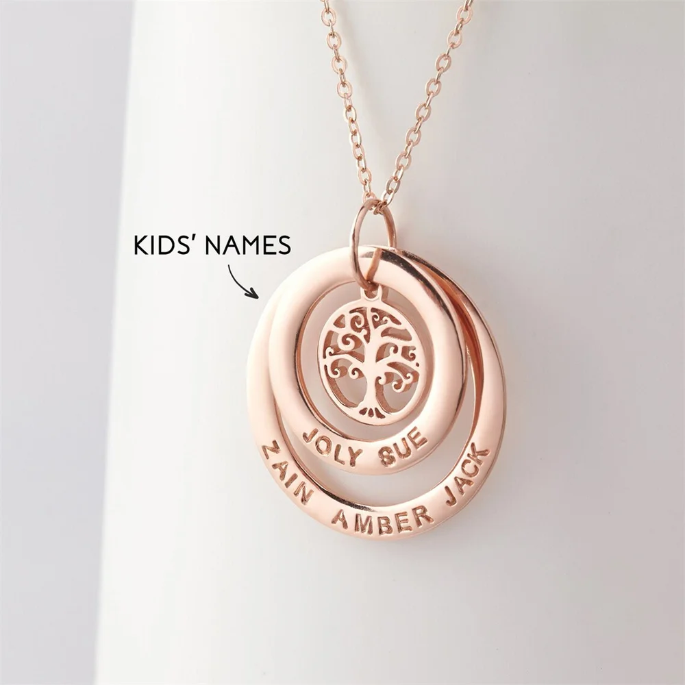 Tangula Personalized Tree of Life Engrave Name Necklace Round Customized Stainless Steel Necklace Pendant Family Gifts For Mom