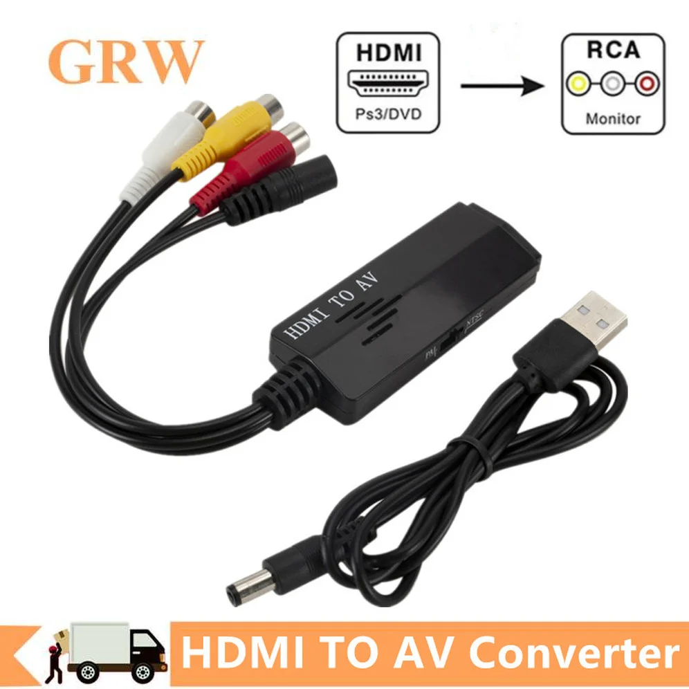 

Grwibeou HDMI-compatible to RCA Converter AV/CVSB L/R Video Box HD 1080P 1920*1080 HDMI2AV Support NTSC PAL Output HDMIToAV