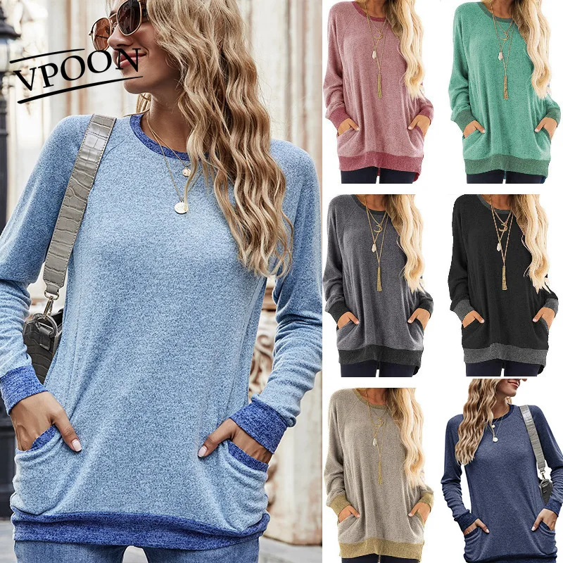 

2021 Fashion Women's Color Contrasting Pocket Refreshing Sweater Long Sleeve Pullover Sweatshirt Casual T-Shirt Female Woman Top