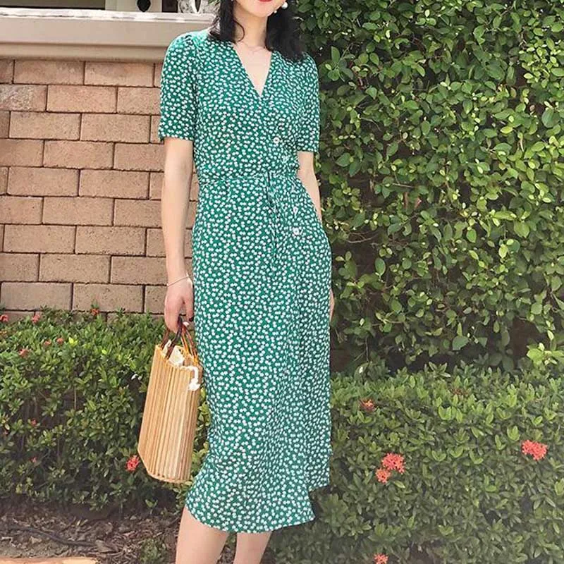 

Women Midi Dress Classic Tea Dress Short Sleeve One Button Wrap Dress
