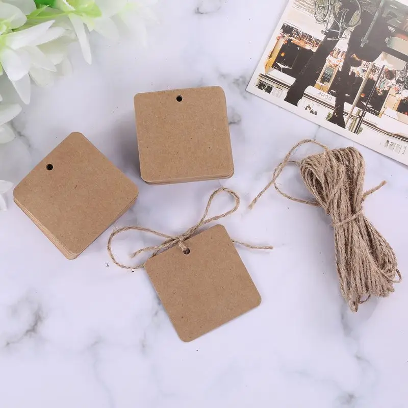 

100pcs Blank Square Kraft Paper Gift Hang Tags Wedding Label Price Card Craft with 10m Natural Jute Twine P82C