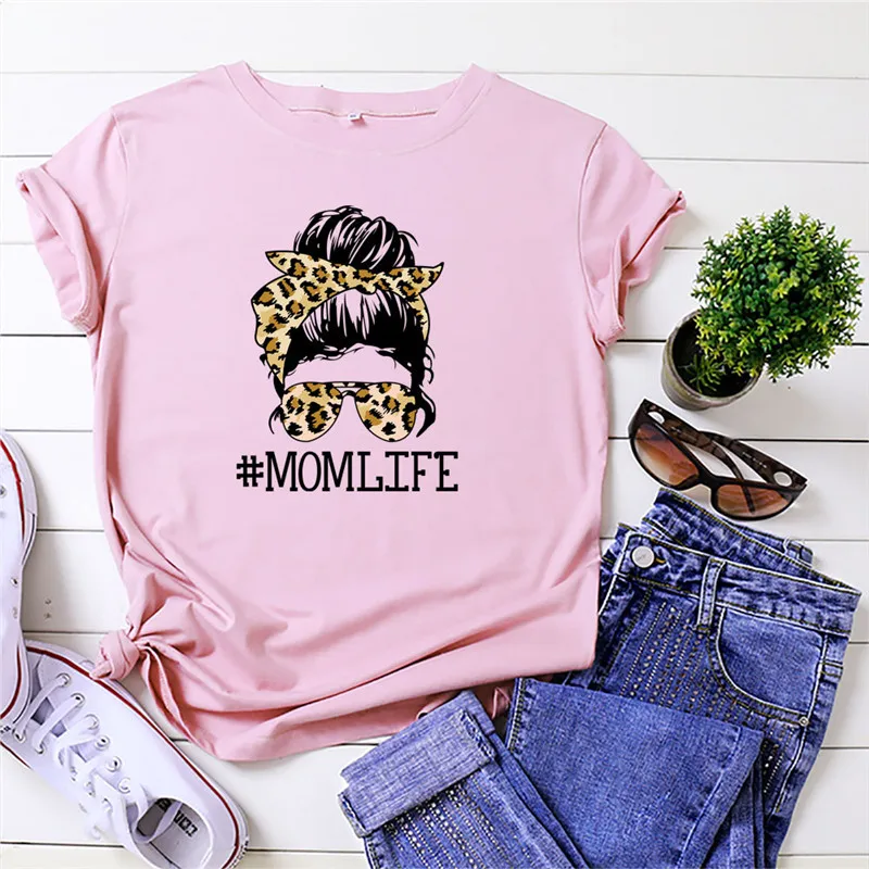 

Mom Life T Shirt Women Cotton Plus Size Leopard Skull Aestheic Graphic Tshirt Short Sleeve Summer Casual Mother's Day Tees Tops