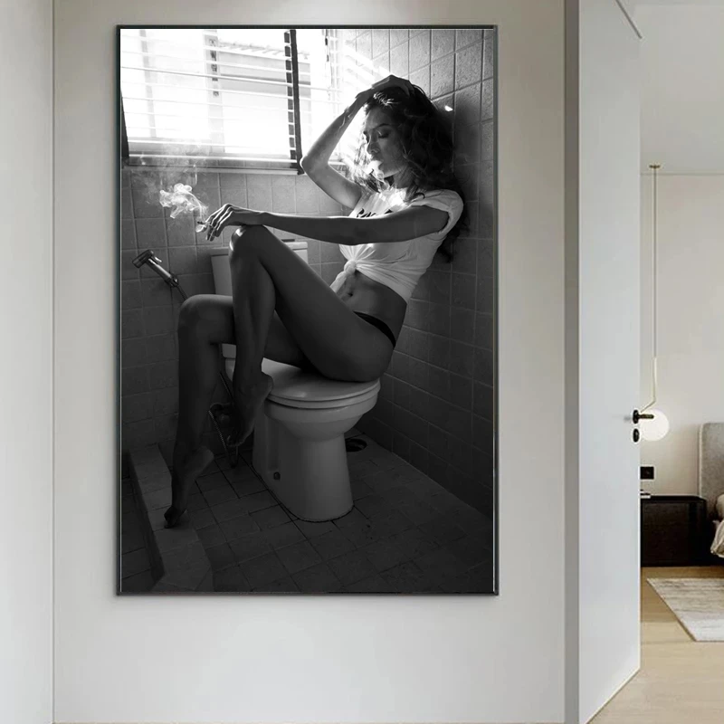 

Nordic Modern Bathroom Decor Sexy Woman Smoking Art Posters Pictures Black and White Canvas Paintings On The Wall Home Toilet