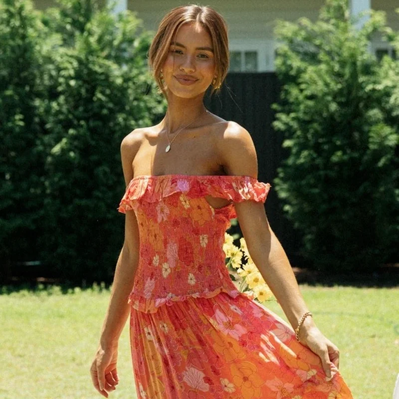 

Bohemian Sexy Slash Neck Strapless Off Shoulder Floral Long Dress Women Summer New Casual Slim Ruffles Decor Robe Maxi Vestidos