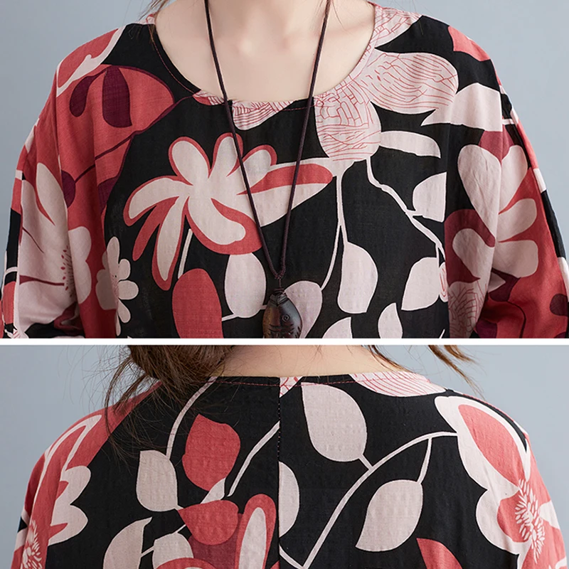 

Plus Size Dress Summer Linen Vestidos Sundress Women Patchwork Sundress Oversize Big Floral Black Dress Loose Casual Lady Dress