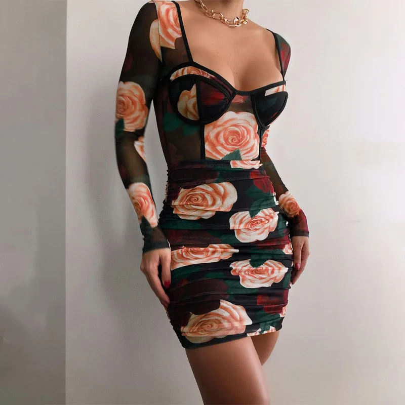 

Hot sale in Europe and America 2020 winter new women's sexy rose flower long-sleeved temperament commuter step skirt woman dress