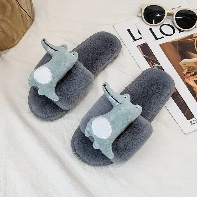 Autumn and Winter New Style Cotton Slippers Ladies Dinosaur Slippers Household Slippers Flat Slippers Women Furry Slippers Women
