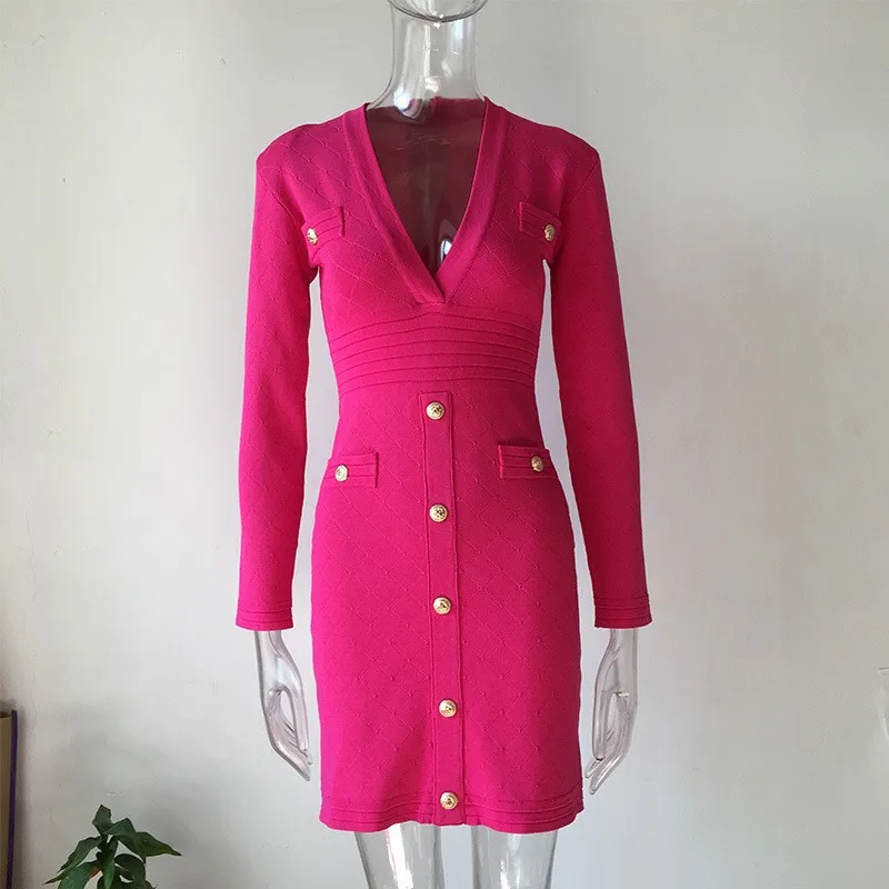 

Женское трикотажное платье на пуговицах, модельное дизайнерское платье в стиле HIGH STREET с длинным рукавом и глубоким V-образным вырезом, новин...