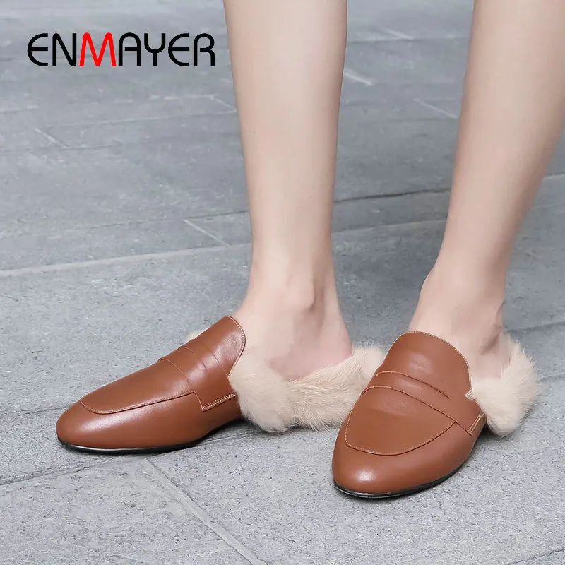 

ENMAYER 2020 Genuine Leather Wool Mules Shoes Women Winter Outside Square Heel Fur Genuine Leather Luxury Slippers Women 34-40