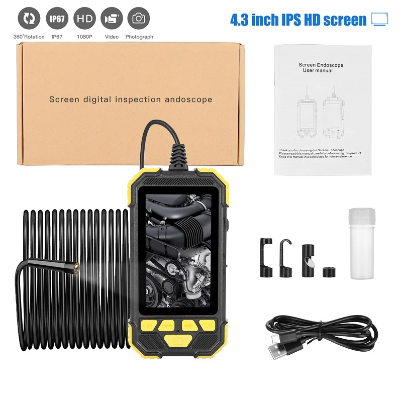 

8mm Digital Industrial Endoscope HD 1080P 4.3 inch IPS full color screen endoscope IP67 Waterproof Semi-Rigid cable endoscope