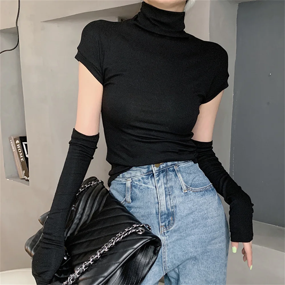 

Alien Kitty Slim Elastic Cotton Mock Neck Women Tees With Gloves Short Sleeves Solid Casual 2022 Bottoming Thicken New T-Shirts
