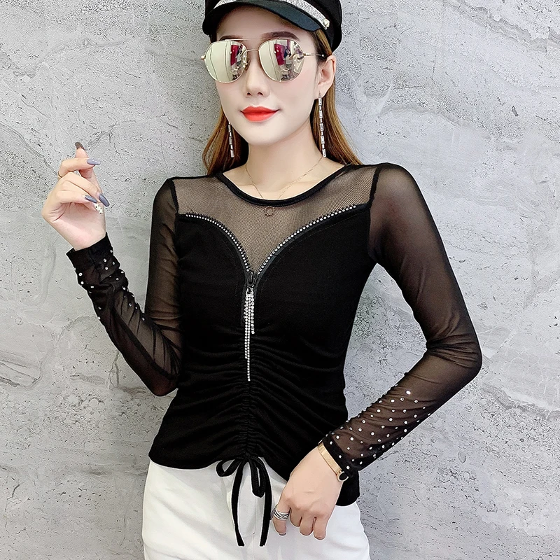 Женская футболка Стразы сексуальные Осенние Топы из сетчатой пряжи с длинным